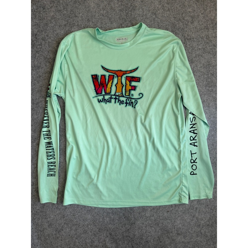 What The Fin Mens XL Port Aransas Performance Fishing Shirt Mint Green Turtle